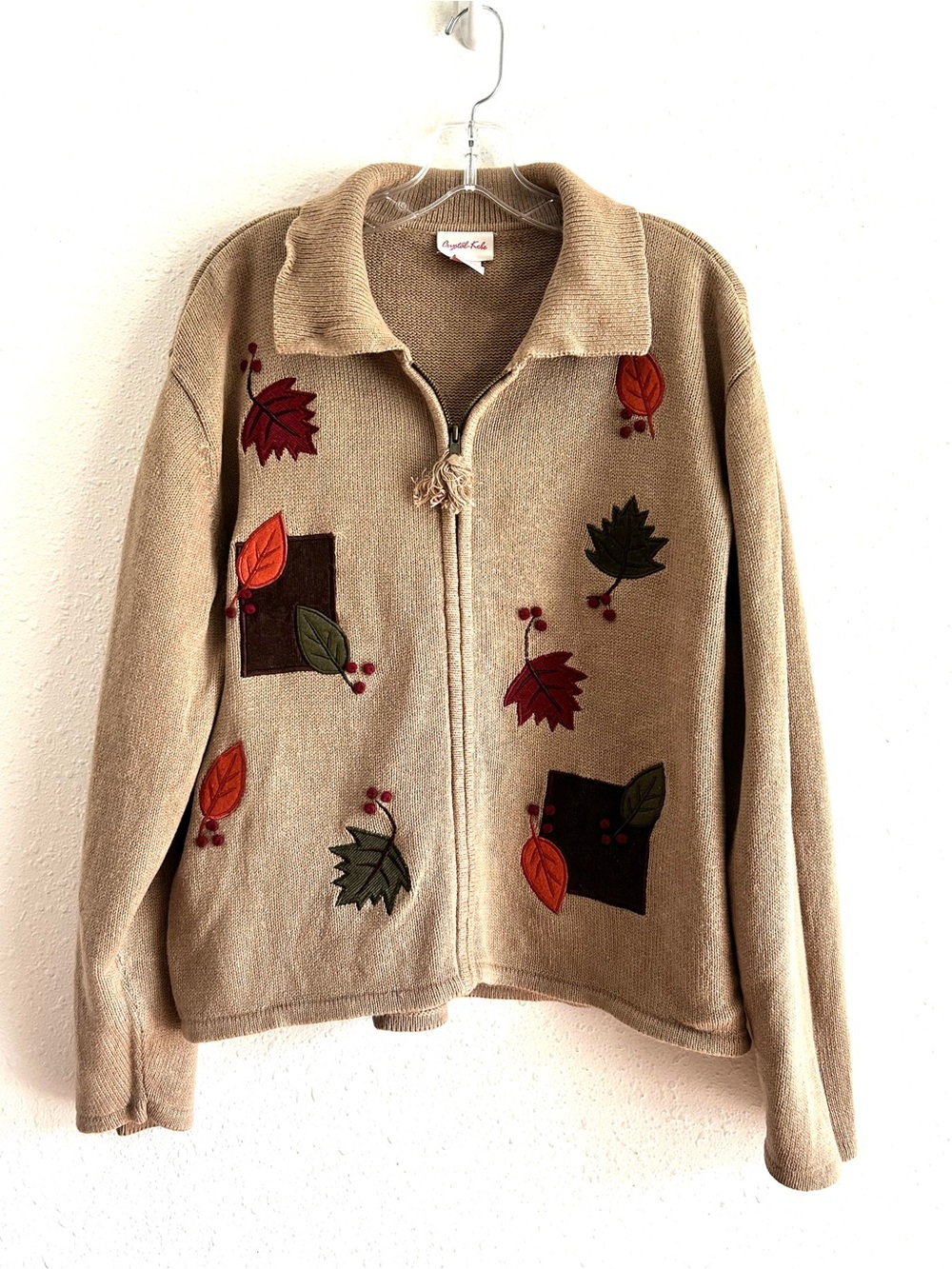 Vintage Crystal-Kobe Cardigan Sweater Size L Beige Autumn Leaves Full Zip